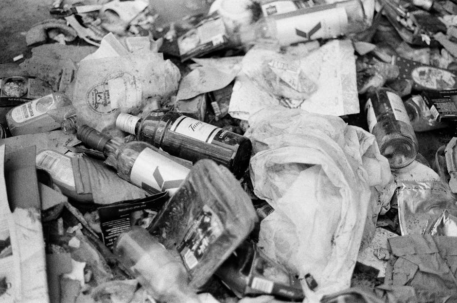 A densely packed pile of household waste and rubbish, including crumpled paper, discarded plastic bottles, glass jars, and cardboard packaging, scattered across a concrete or paved surface. The rubbish features a mixture of textures, with smooth, shiny plastic and glass surfaces reflecting light, alongside matte, crumpled paper and cardboard in various shades of grey. Several bottles, some with visible labels, are stacked randomly, leaning against other items, with a few partially crushed. The background shows a continuation of the cluttered debris, with additional waste items spread across the area, implying an on-site clearance or collection scenario. The scene is outdoors, with natural lighting illuminating the waste, and is characteristic of waste left for private collection services such as those offered by House Clearance Hounslow, which handle alternative waste disposal methods outside the scope of local authority rubbish collection.